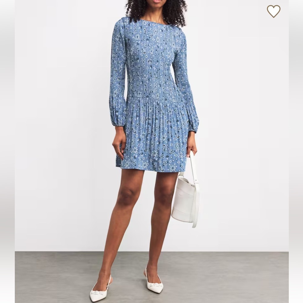 MAJE NWOT Blue Satin Bandanna Print Long Sleeve Mini Dress size 34